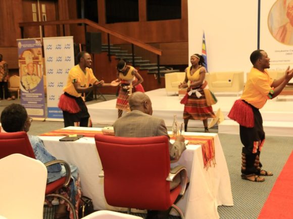 The Cultural Dance Troupe entertaining participants in traditional Kinyoro Orunyege dance.