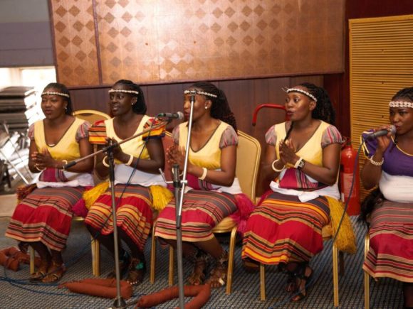 A group of ladies from the Makerere University Music, Dance and Drama Cultural Dance Troupe entertaining the guests.