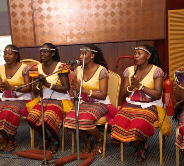 A group of ladies from the Makerere University Music, Dance and Drama Cultural Dance Troupe entertaining the guests.